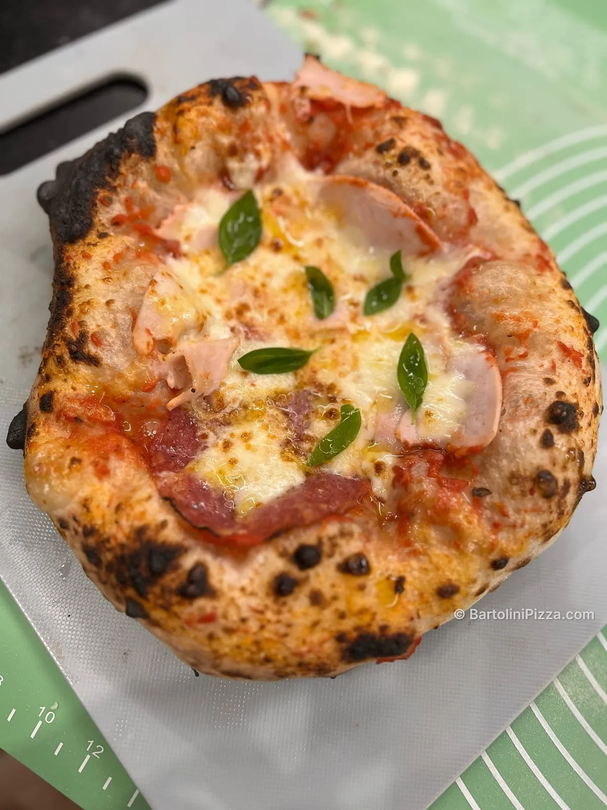Domowa pizza neapolitańska z wyrośniętym, przypieczonym rantem, szynką, salami i bazylią.